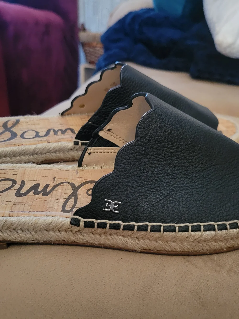 Sam Edelman Black Scalloped Espadrille Slides Sz 10
